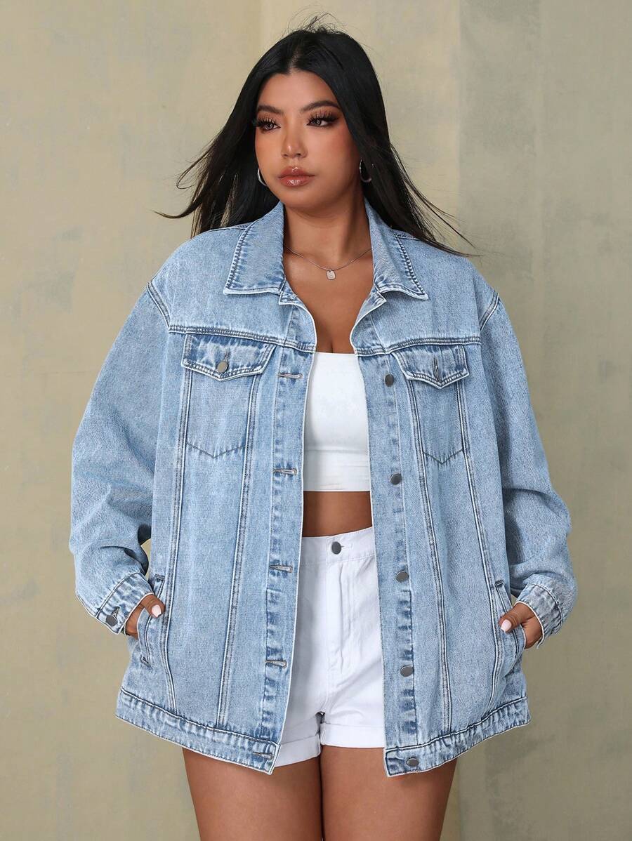 SHEIN EZwear Plus Size Women's Casual Loose Fit Drop Shoulder Long Sleeve Denim Jacket, Spring Autumn