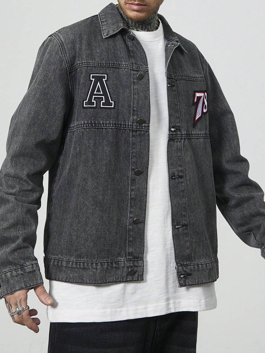 Manfinity Homme Chaqueta vaquera casual con cuello de solapa, botones delanteros, manga larga y estampado de letras para hombres