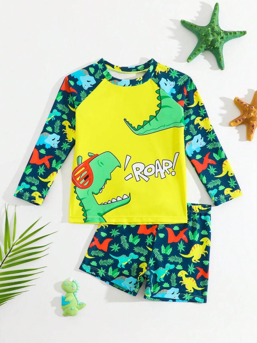 Conjunto de traje de baño para niño pequeño con bóxer de manga larga con estampado tropical de dinosaurios para verano