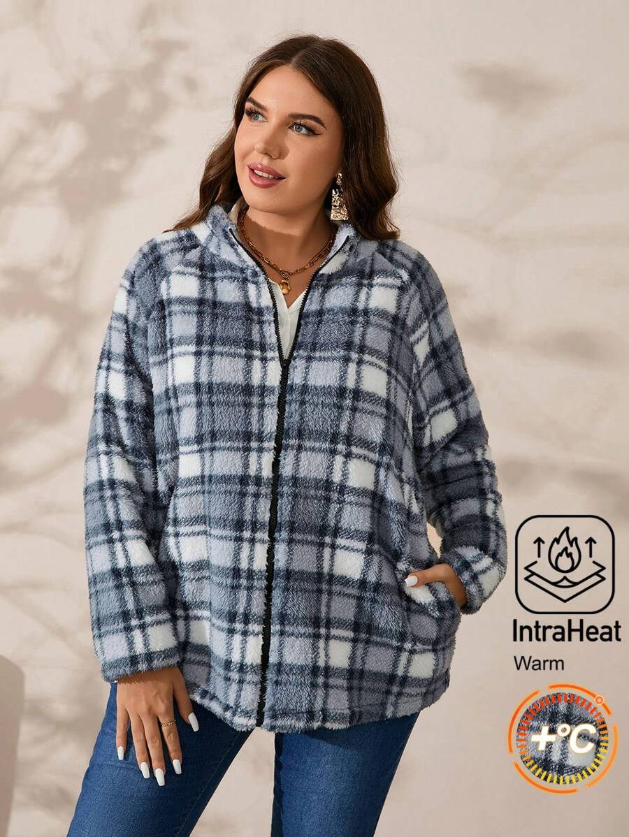 EMERY ROSE Plus Size Women's Plaid Raglan Sleeve Fleece Casual Fuzzy Jacket, Autumn Winter