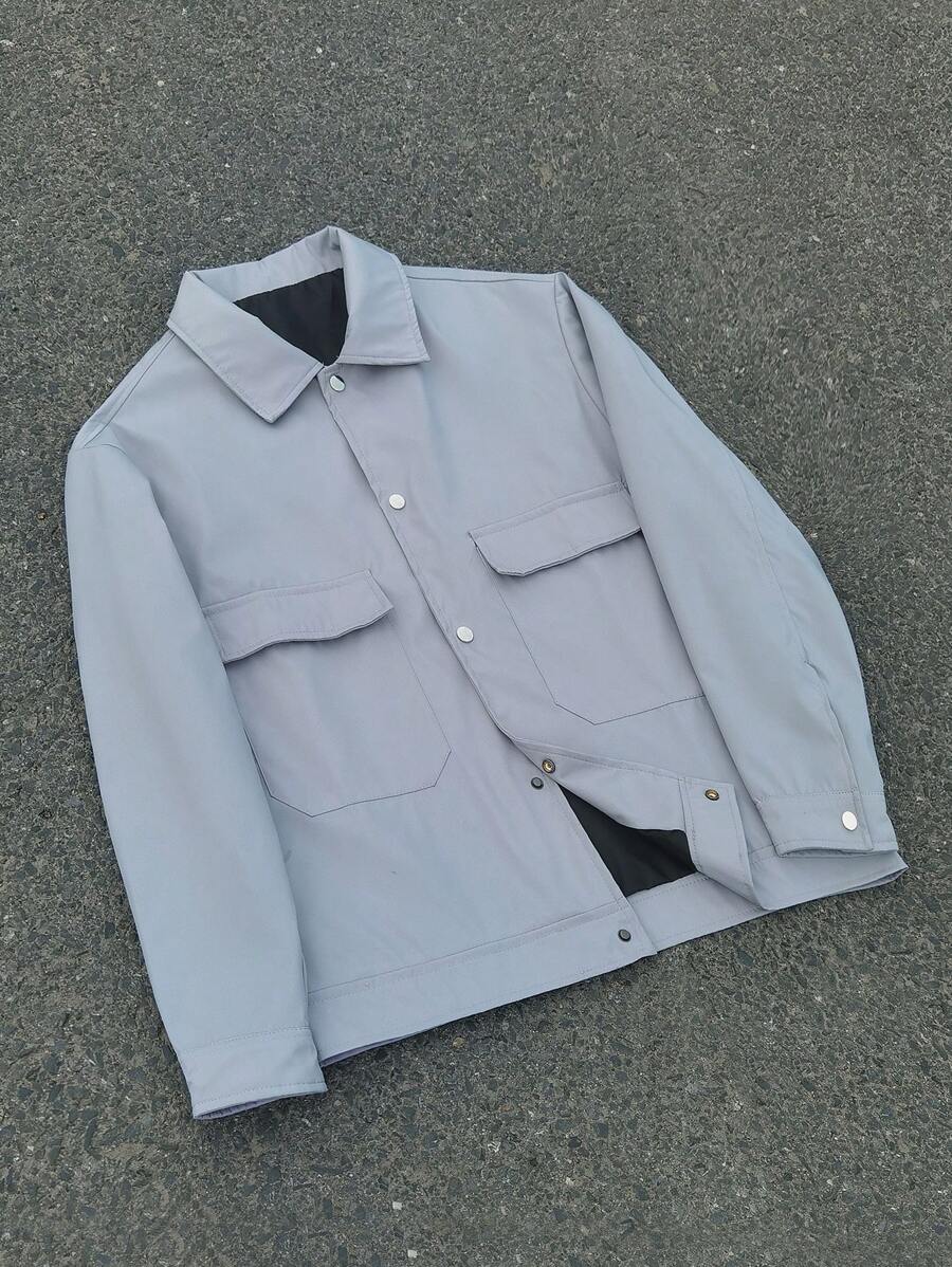 Manfinity Homme Chaqueta casual de manga larga con bolsillo de carga de unicolor para hombre, primavera y otoño