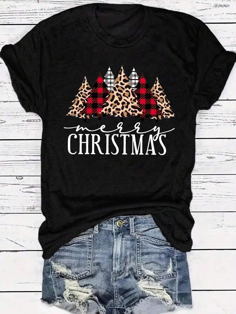 SHEIN LUNE T-shirt à manches courtes pour femmes avec imprimé de sapin de Noël, hauts graphiques