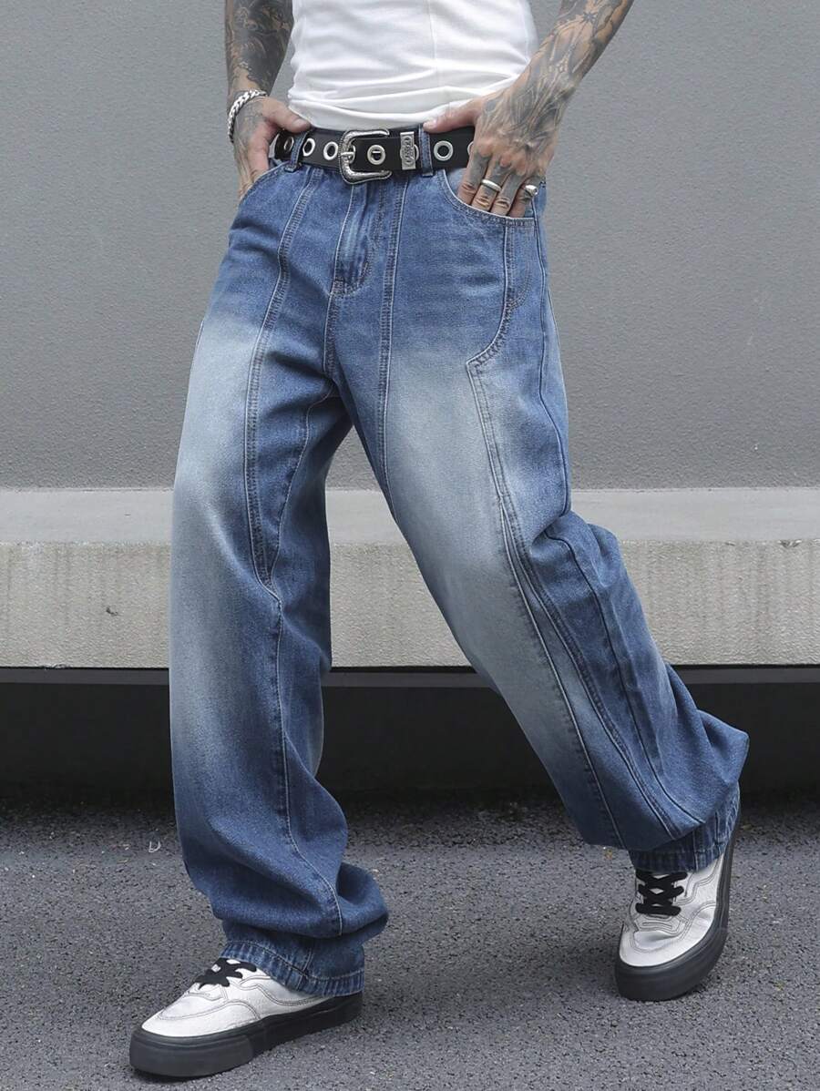 Manfinity Homme Vaqueros holgados de corte recto con bolsillos, casuales para hombre