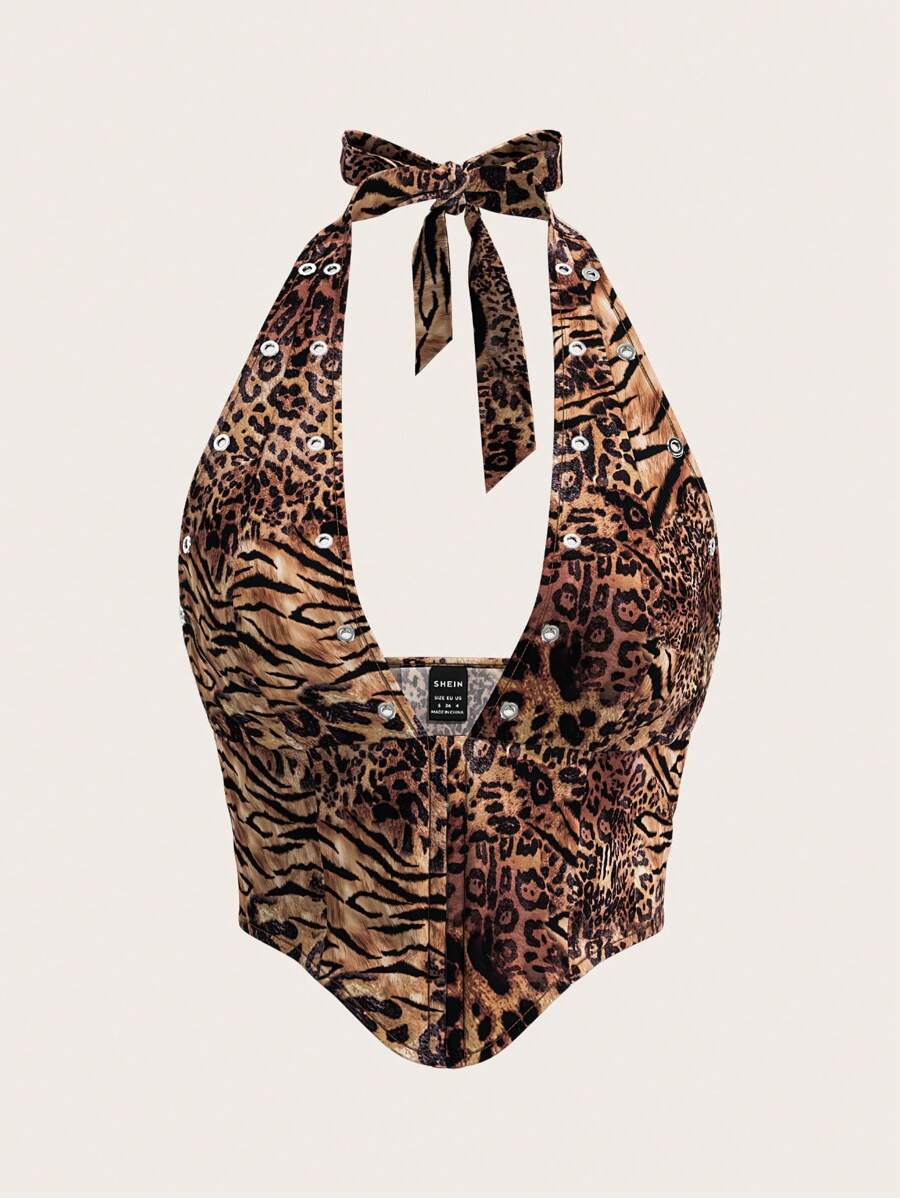 SHEIN ICON Fall Clothes Women Leopard Print Sleevless Tank Top With Eyelet Decoration And Buckle, Neck Hanging Style