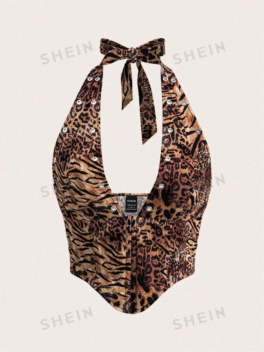 SHEIN ICON Ropa de otoño para mujer, top sin mangas con estampado de leopardo, decoración de ojetes y hebilla, estilo colgante en el cuello