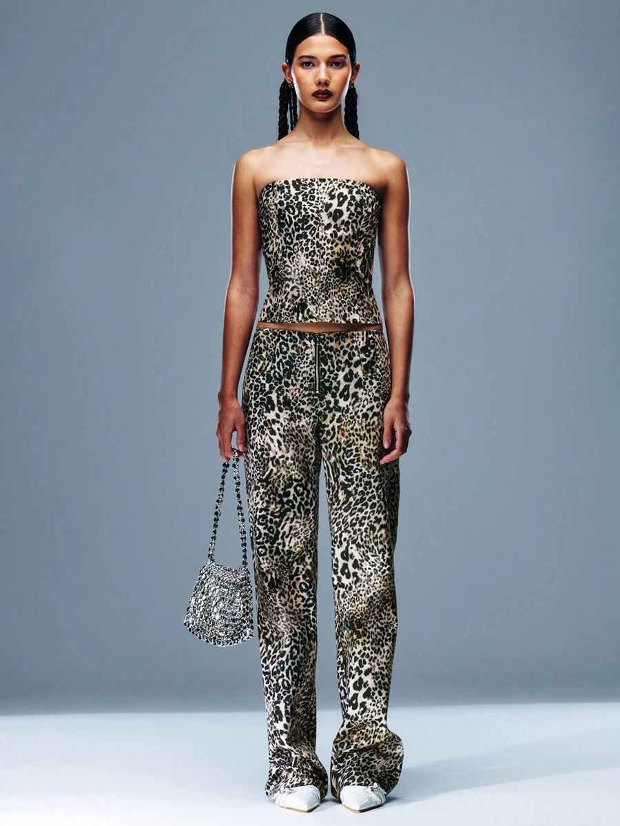 Leopard Print Zipper Front Wide Leg Pants