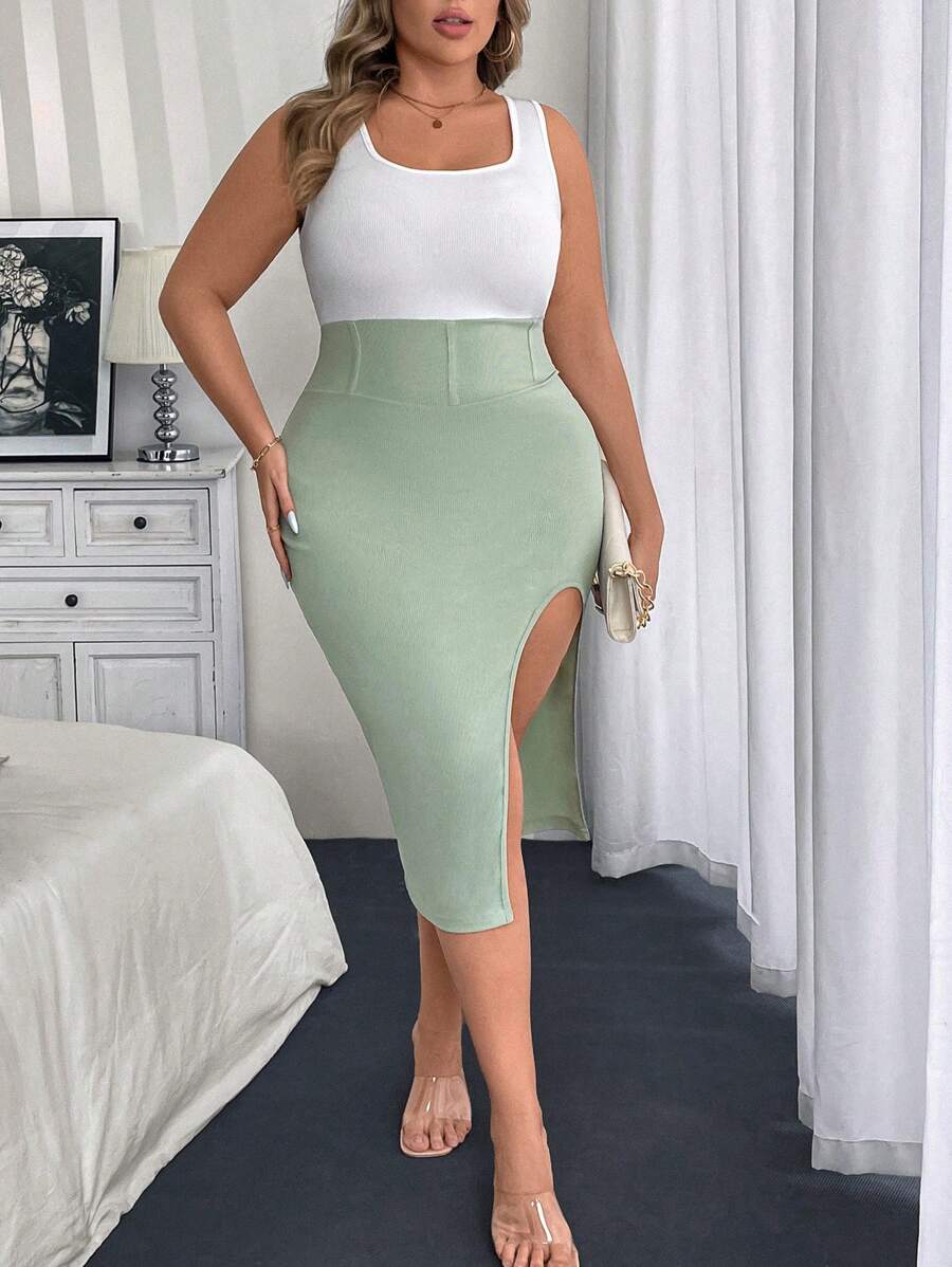 Franclia Plus Size Wide Strap Solid Color Patchwork Slit Fitted Casual Dress