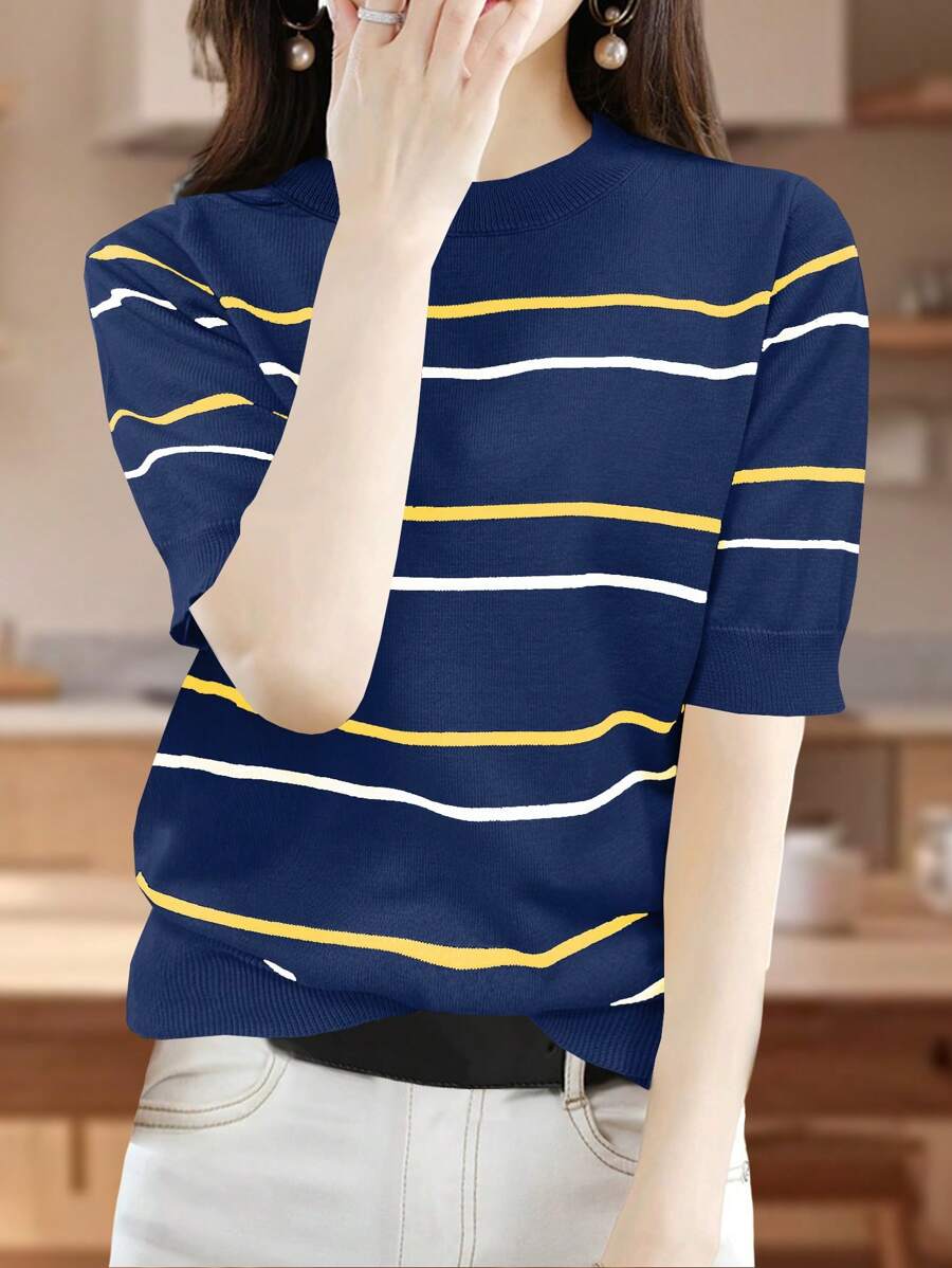 SHEIN Unity Blusa de punto de manga corta con rayas de contraste para mujer