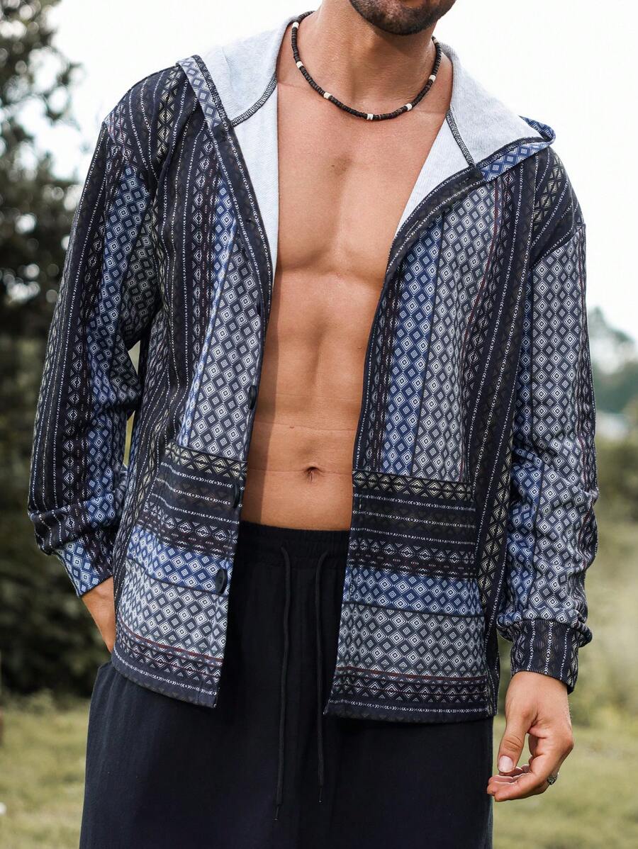 Manfinity Nomadique Sweat-shirt à capuche casual à manches longues avec imprimé géométrique pour homme, printemps-automne