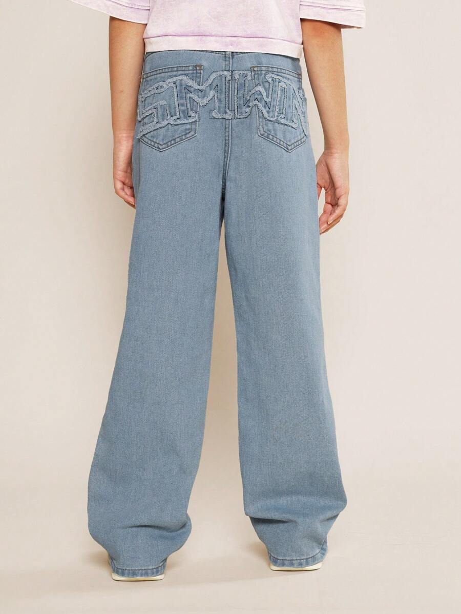 SUMWON Tween Girls Loose Fit Denim Jean With Raw Edge Applique Design