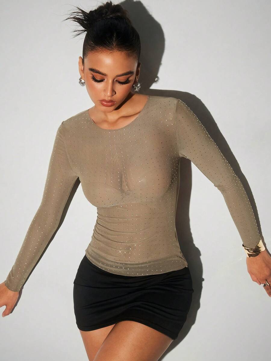 Aloruh Camiseta de mujer de cuello redondo, de manga larga, ajustada y sexy con malla de strass, camiseta ajustada
