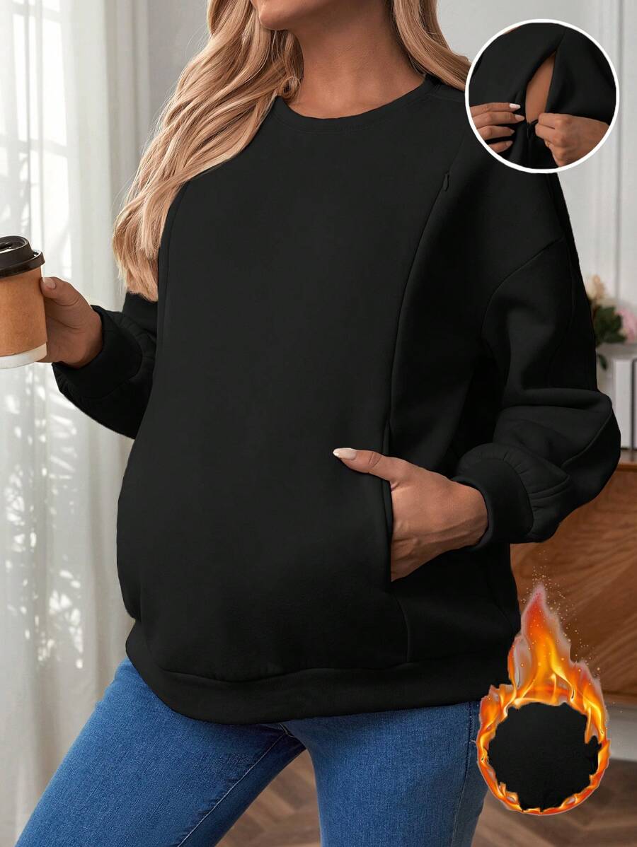 SHEIN Pregnant Women Winter Solid Round Neck Long Sleeve Pullover Fleece Nursing Sweatshirt, For Maternity