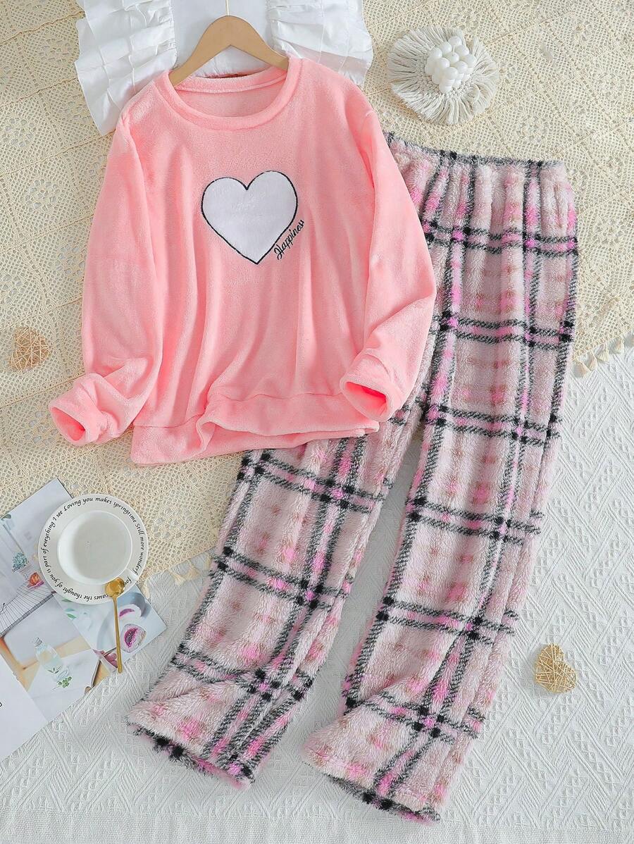 SHEIN Women's Minimalist Heart Embroidery Fleece Comfortable Warm Long Sleeve Plaid Pants 2-Piece Pajama Set