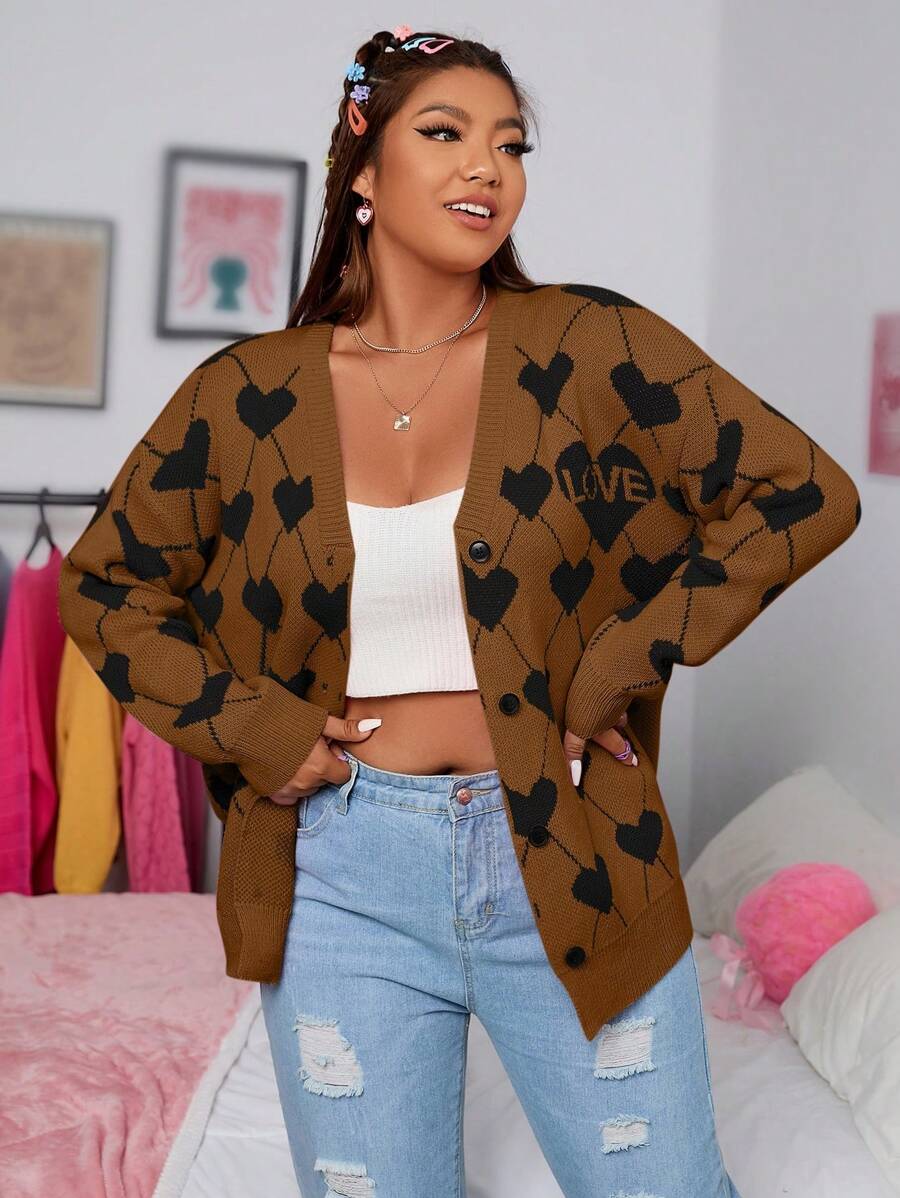 Flirla Plus Size Women's Fall/Winter Casual Heart Print Drop Shoulder Long Sleeve Cardigan