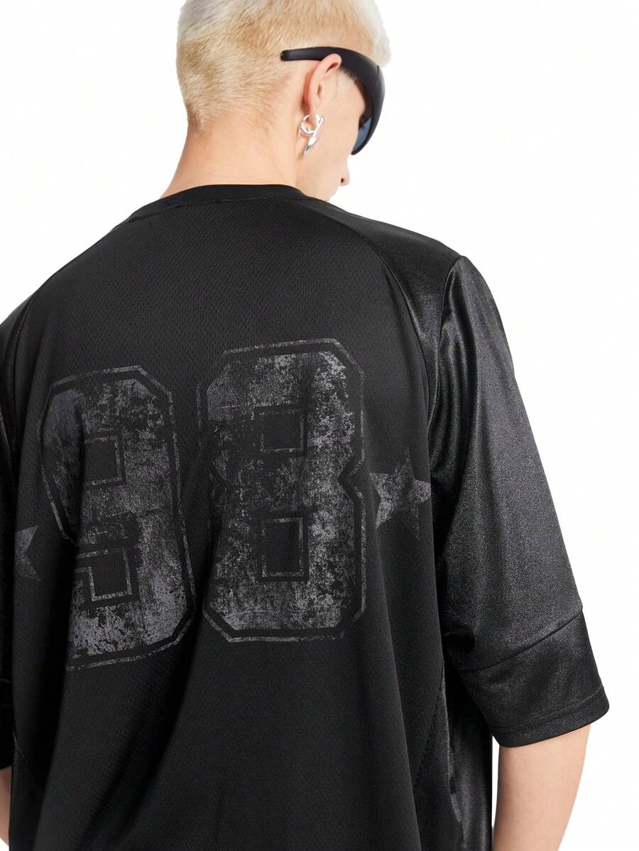 Manfinity VCAY Men's Casual Loose Hollow Number Print Patchwork Crew Neck Short Sleeve T-Shirt, Summer