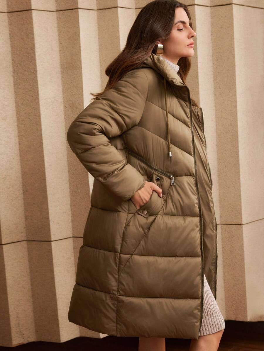 Anewsta Veste beige à capuche longue pour femmes avec couture horizontale