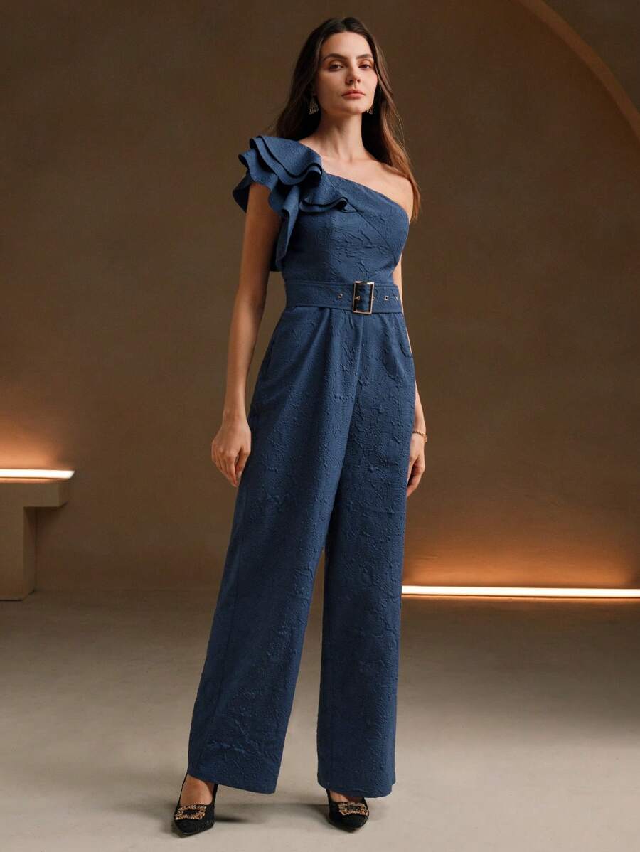 Anewsta Women's Solid Color Minimalist Casual Asymmetrical Neck Jumpsuit