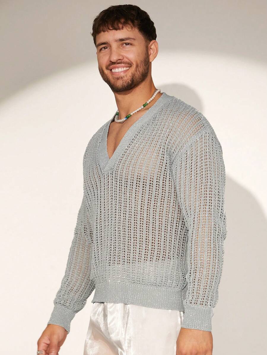 Manfinity Homme Jersey de punto de unicolor con diseño calado casual para hombre, primavera/otoño