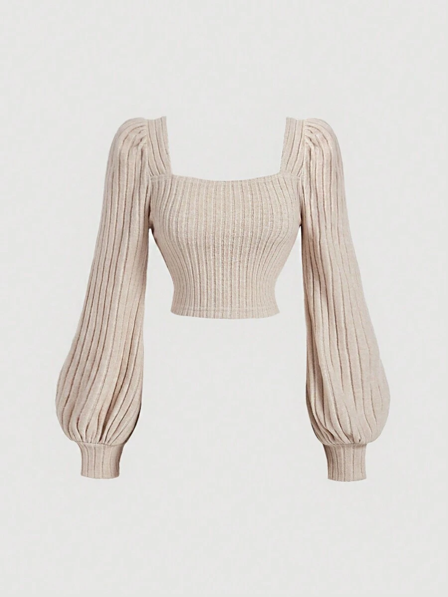 SHEIN MOD Camisa casual de mujer con cuello cuadrado y mangas abullonadas, color albaricoque, ropa de otoño/invierno, tops de mujer de manga larga para el invierno