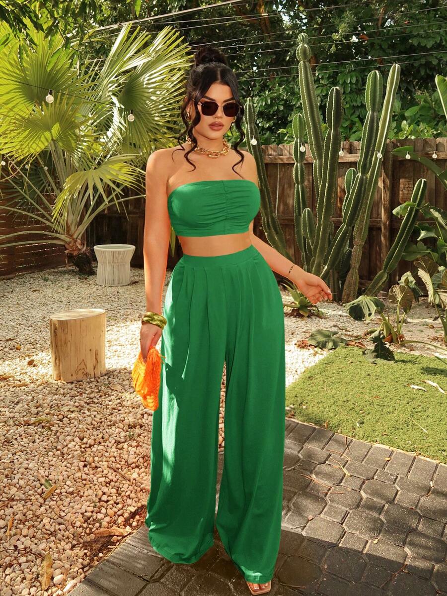 SHEIN SXY Women Fashionable Ruched Strapless Wide Leg Pants Set Summer Vacation Holiday Beach BOHO Sexy Vacation Outfits Women