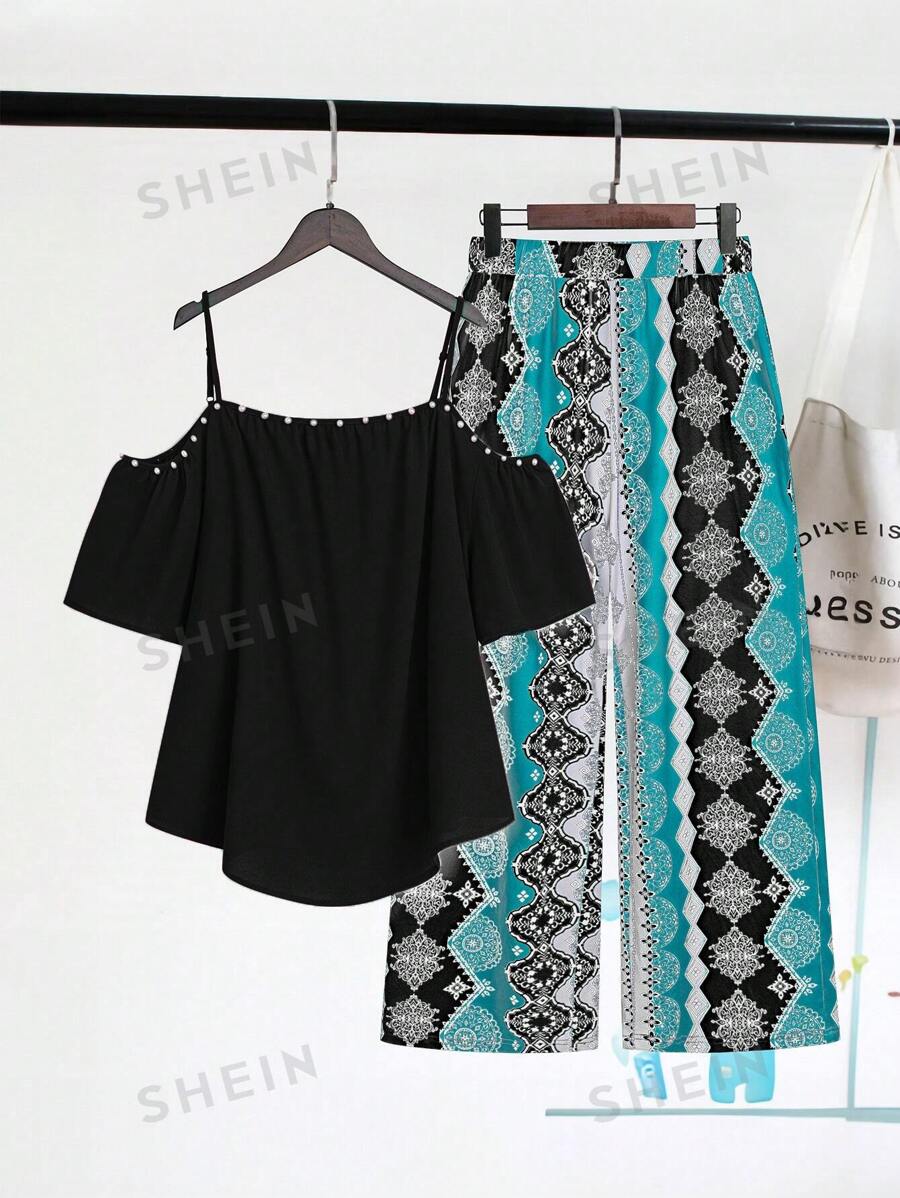 SHEIN Clasi Conjunto de 2 piezas de blusa de manga corta con hombros abiertos y pantalones de pierna ancha con estampado floral para mujeres de talla grande de verano