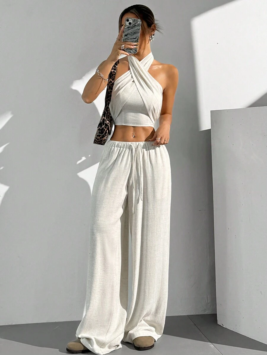 SHEIN EZwear 2 pièces/ensemble Top sans manches à col ras-du-cou et dos nu de couleur unie et pantalon long à cordon de serrage pour femmes