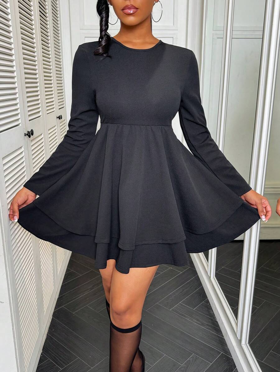 VaVaBold Solid Color Round Neck Long Sleeve Backless Ruffled Hem Casual Vacation Dress