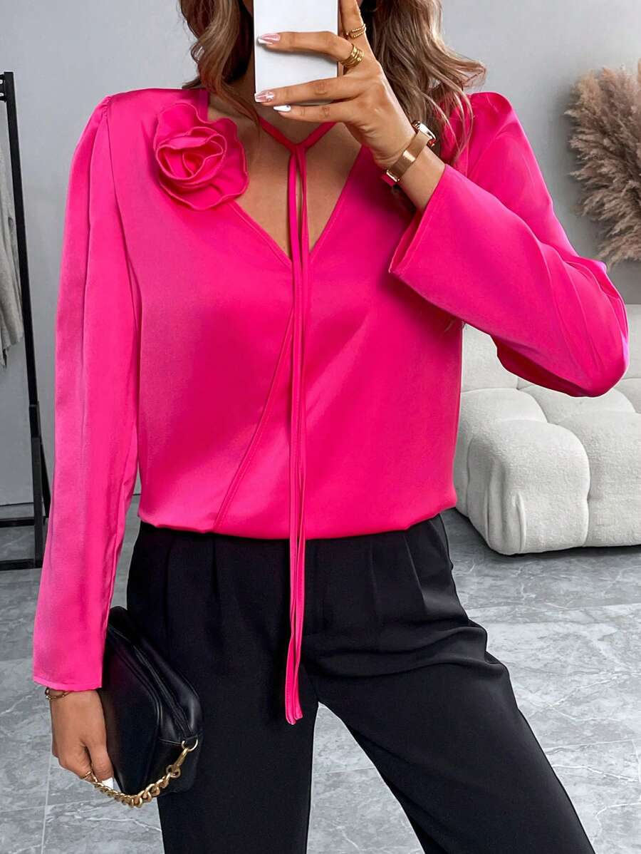 Calvaya Elegant V-Neck Long Sleeve Drawstring Blouse