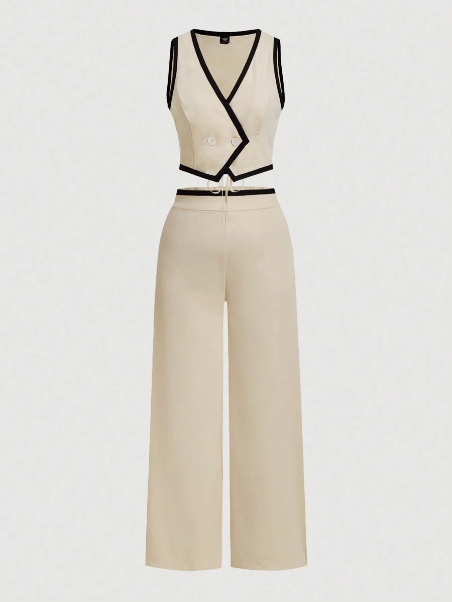 SHEIN MOD Plus Size Khaki Simple Versatile Contrast Black Trim Blazer Vest And Wide Leg Pants 2pcs Set