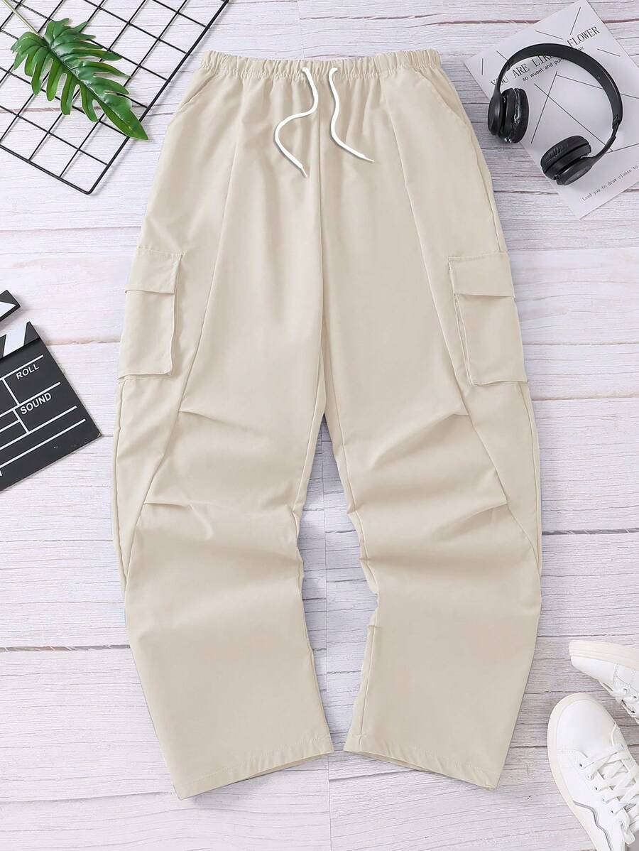 Teen Boys' Casual Solid Color Drawstring Waist Cargo Pants