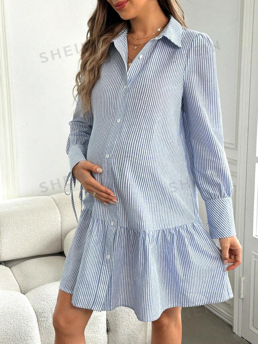 SHEIN Vestido midi de manga larga con cuello polo a rayas para embarazadas, otoño