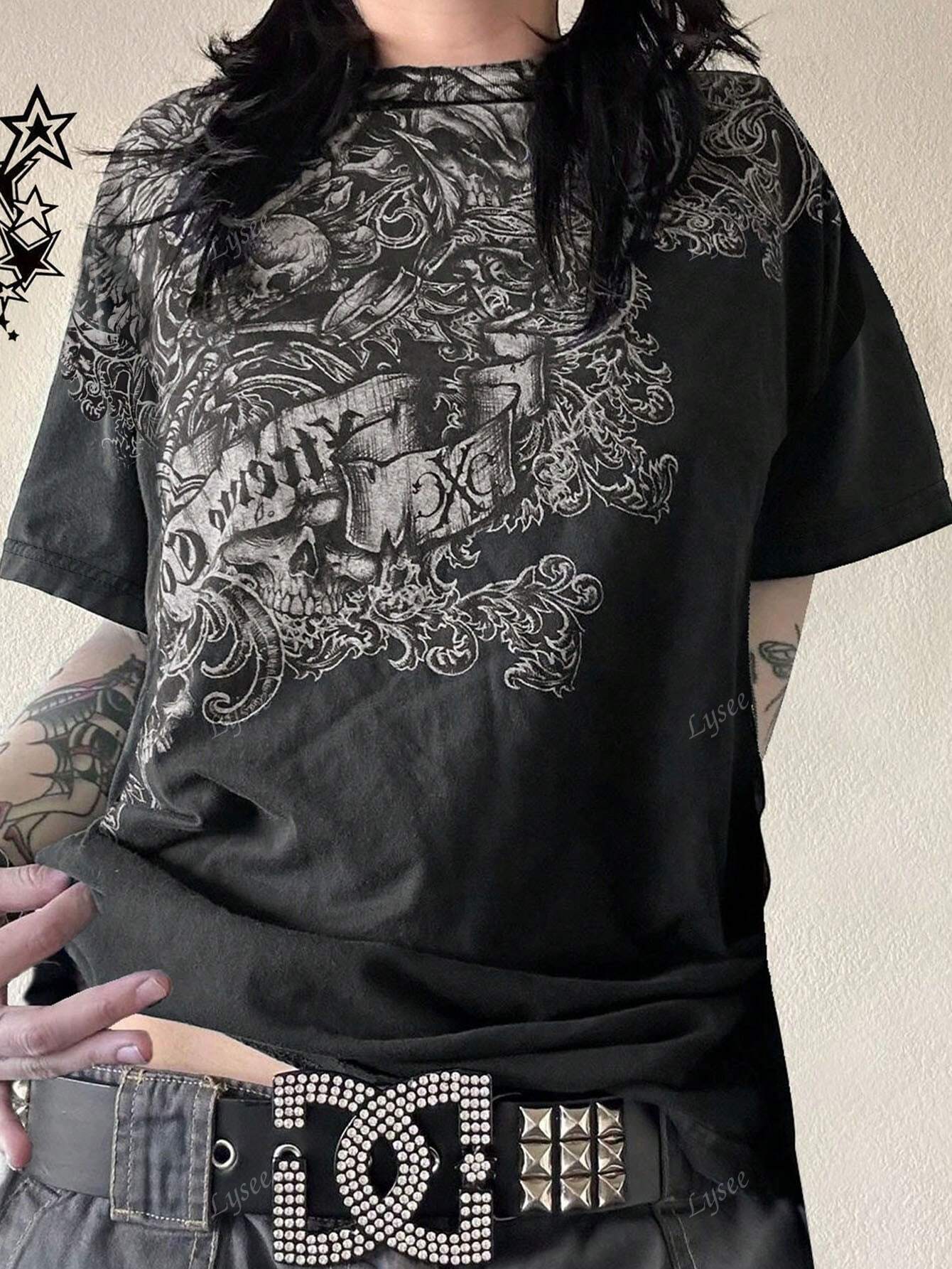 Maglietta girocollo a maniche lunghe da donna, stile gotico, casual, vintage, con stampa, stile Y2K