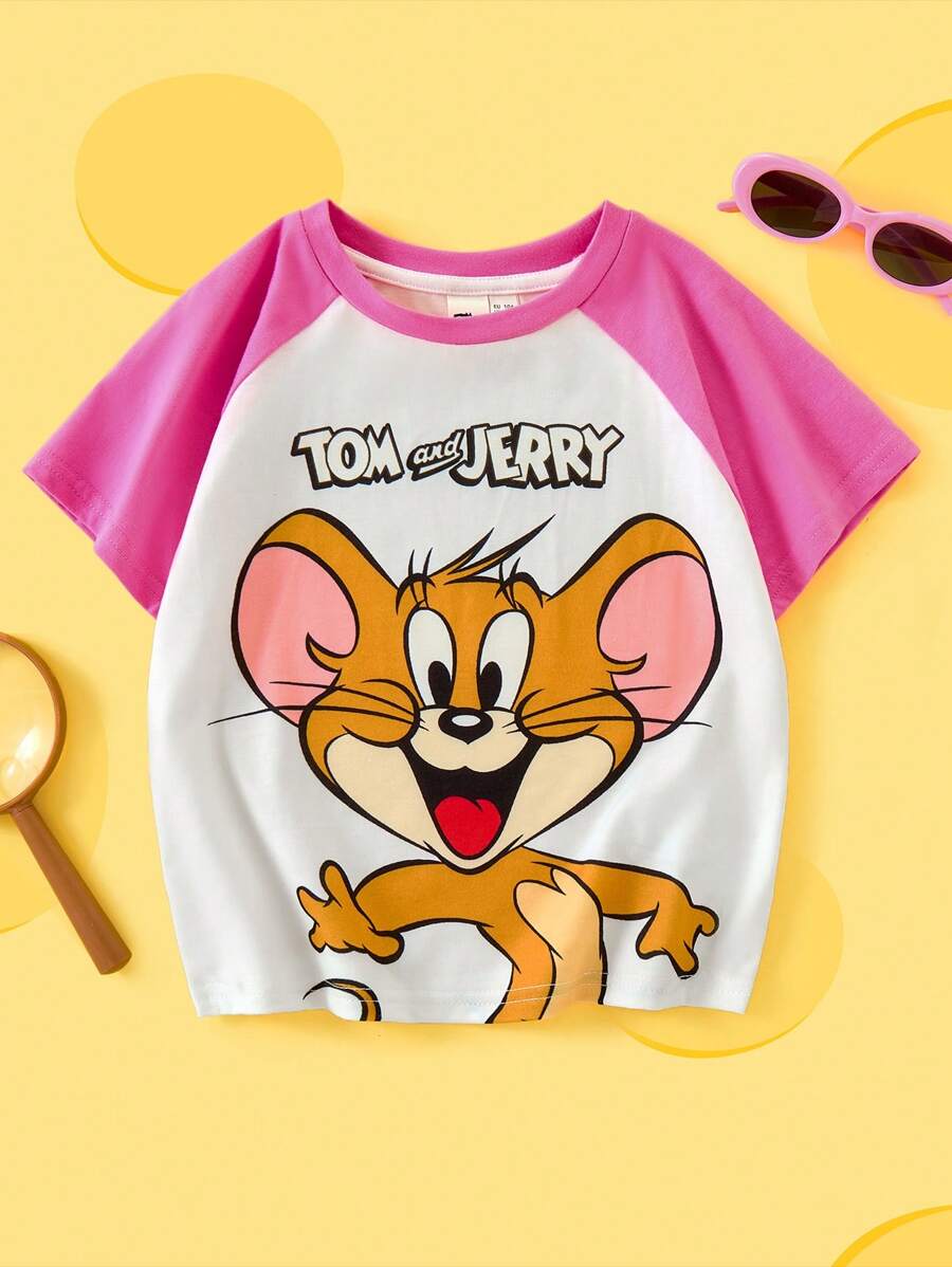 TOM & JERRY X SHEIN Young Girl Cartoon Print Contrast Raglan Sleeve Casual T-Shirt, Summer Graphic Tee
