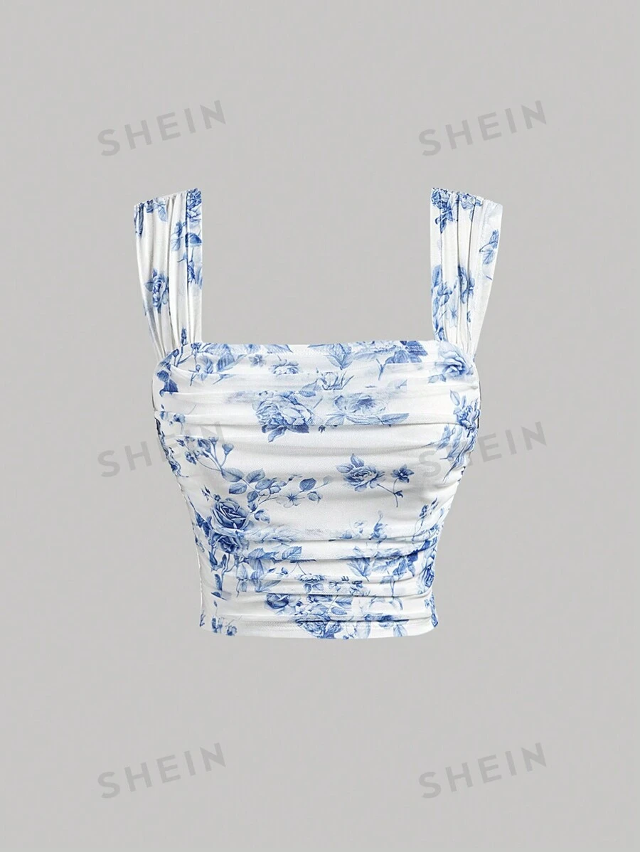 SHEIN MOD Tricou de damă cu gât pătrat, albastru și alb, cu imprimeu floral, pliat, elegant, cu farmec, haine de toamnă, haine de Halloween, top renascentist, târg renascentist