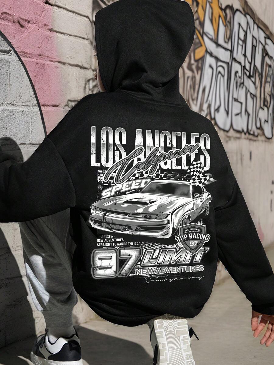 SHEIN Tween Boy Casual Simple Cartoon Vintage Car Print Long Sleeve Hooded Thick Sweatshirt, Loose Fit Suitable For Autumn And Winter