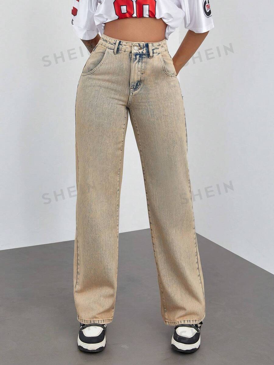 Jeans de mezclilla lavada de pierna recta informal para mujer