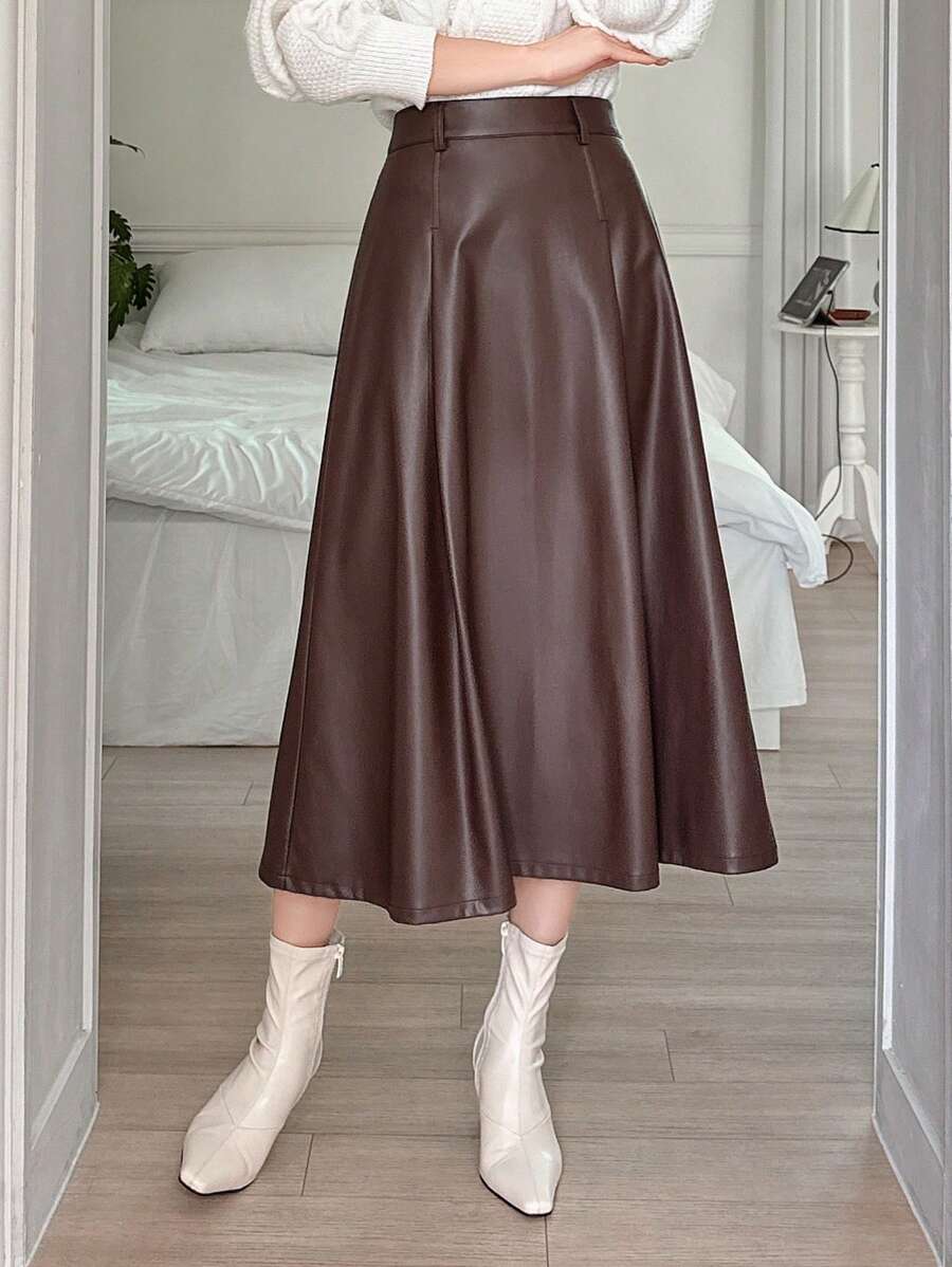 DAZY A-lijn effen PU-rok voor dames, herfstkleding