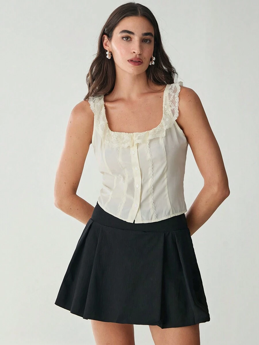 Enchnt Women's Solid Color Simplistic Everyday Lace Patchwork Tank Top