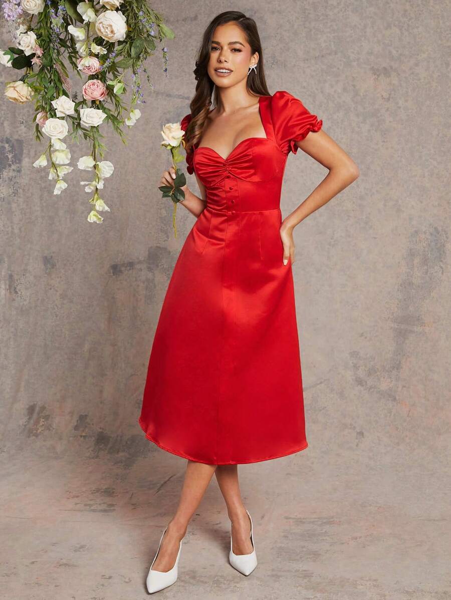L'Amorae Button Decor Puff Sleeve Dress For Summer