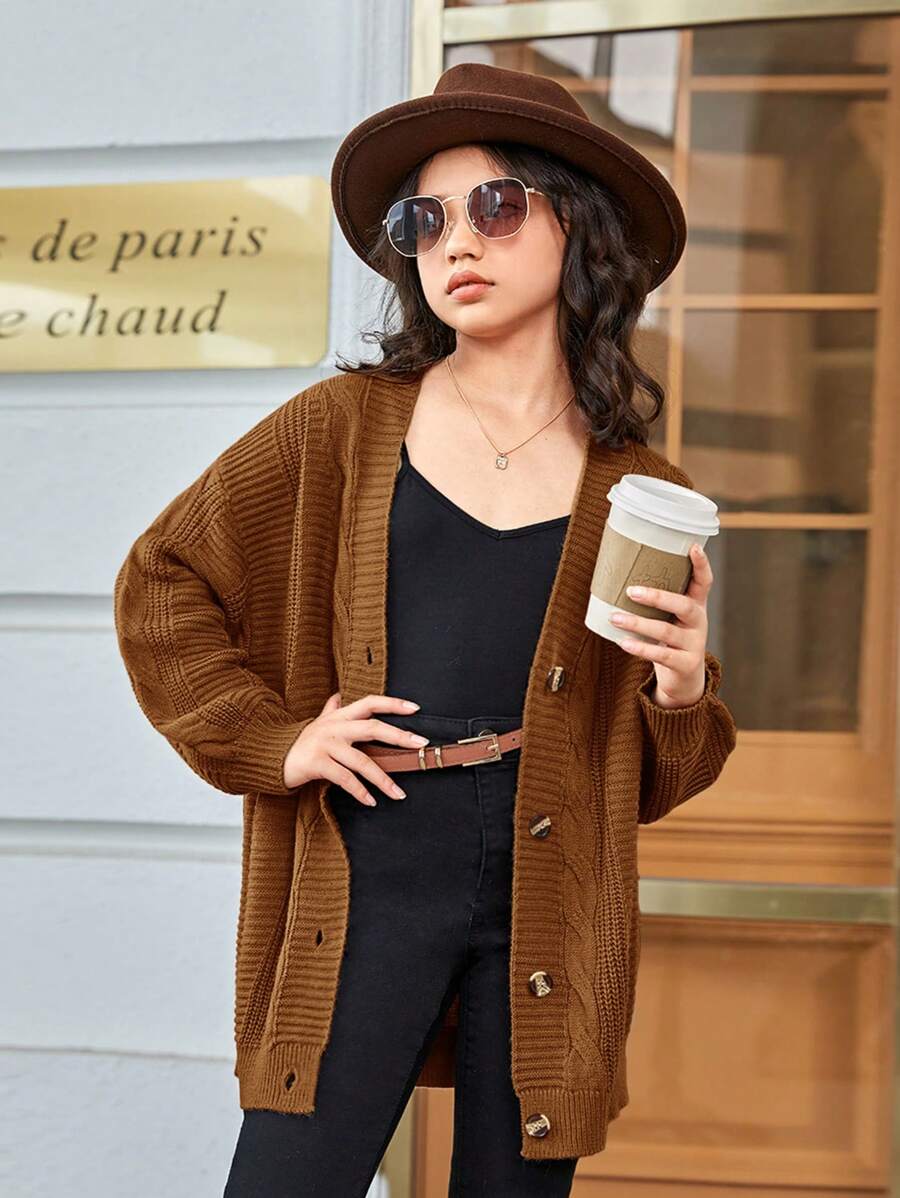 SHEIN Cardigan ample et décontracté à manches longues et épaules tombantes de couleur unie pour jeune fille, automne/hiver