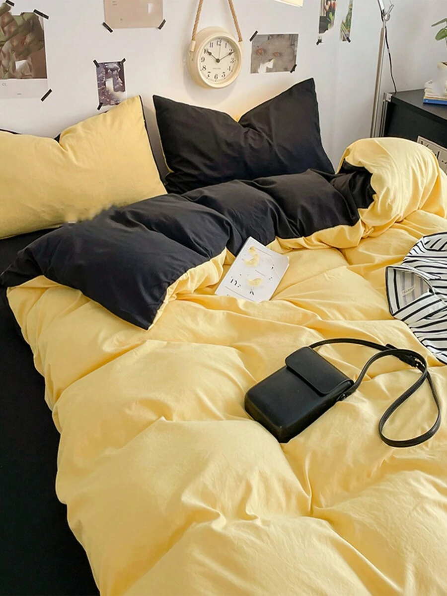 Juego de funda nórdica de 3 piezas en amarillo y gris oscuro cepillado, artículos de decoración de habitación