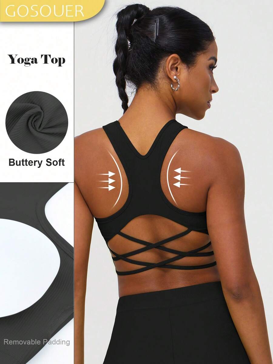 GOSOUER Canottiera sportiva per donne, senza cuciture, con schiena incrociata, costine, per yoga, corsa, palestra