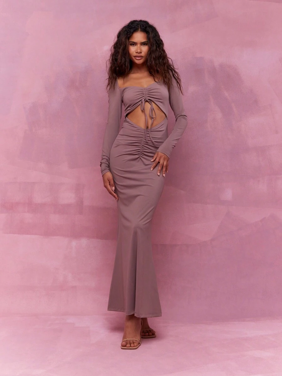 MISSGUIDED Ruched Bust And Waist Cut-Out Square Neck Long Sleeves Flare Hem Maxi Dress