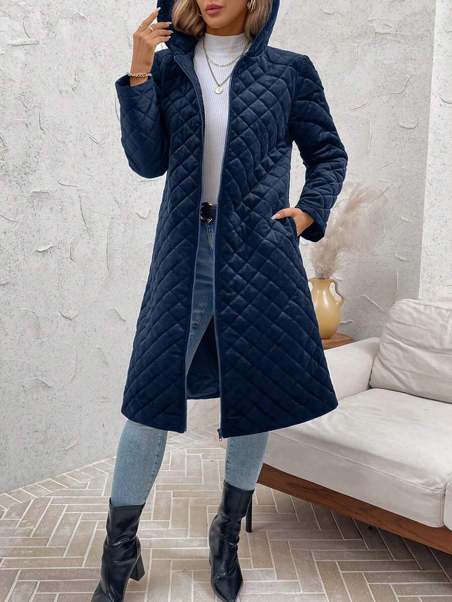 SHEIN Clasi Abrigo acolchado con capucha de moda para mujer, para otoño/invierno, con bolsillos en diagonal