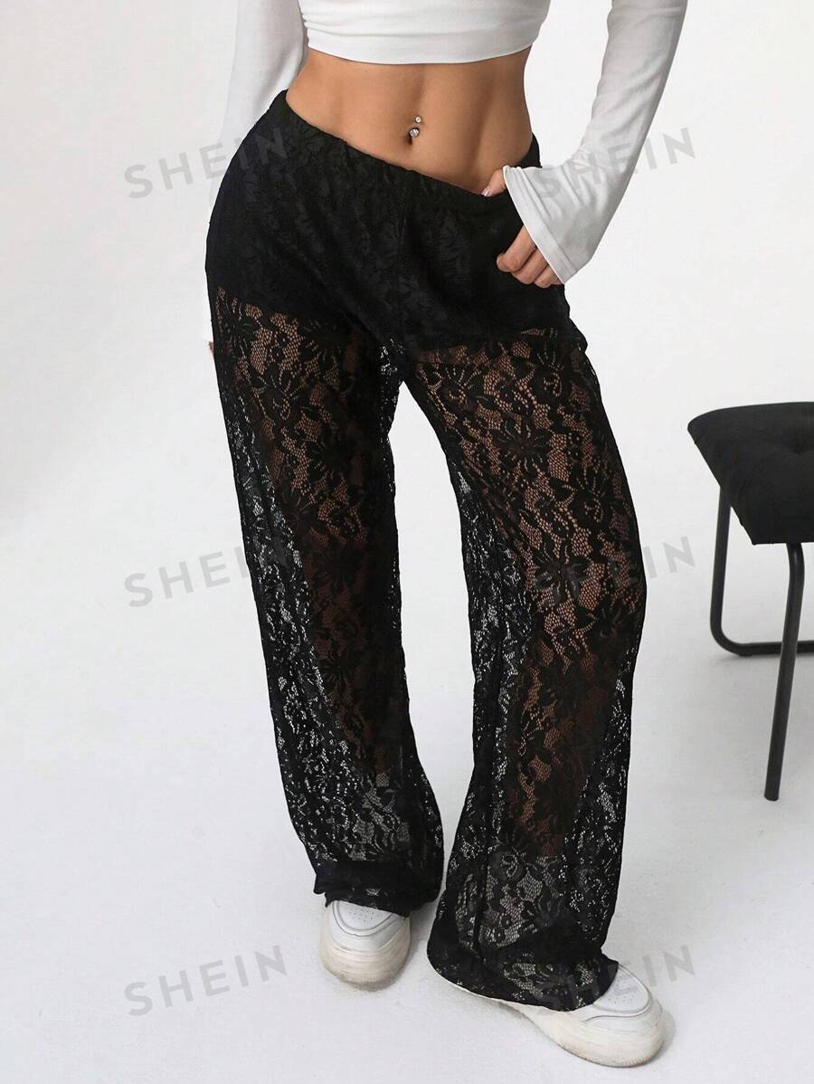 SHEIN EZwear Pantaloni lungi din dantelă de culoare uni pentru femei