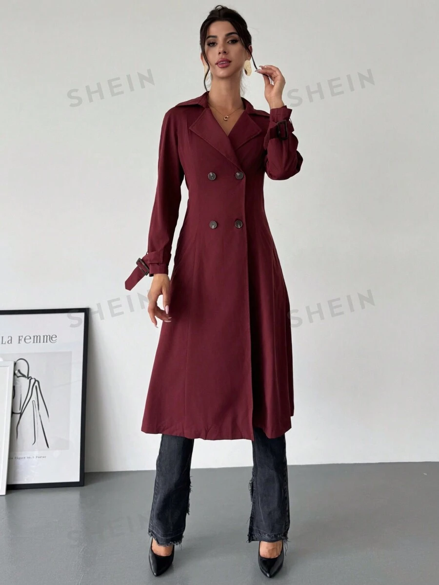 SHEIN Privé Abrigo trench largo elegante, de doble pechera y cintura ceñida en línea A para mujer