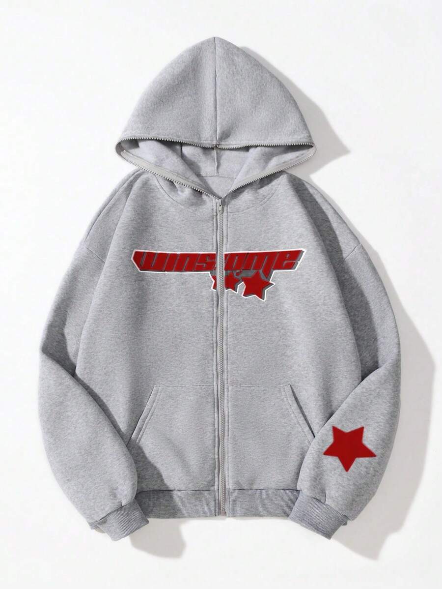Flirla Women's Spring/Autumn Letter & Star Print Zip-Up Hooded Sweatshirt