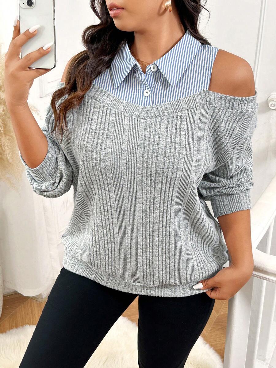 SHEIN Frenchy Plus Size Casual Striped Patchwork Open Shoulder Sweatshirt