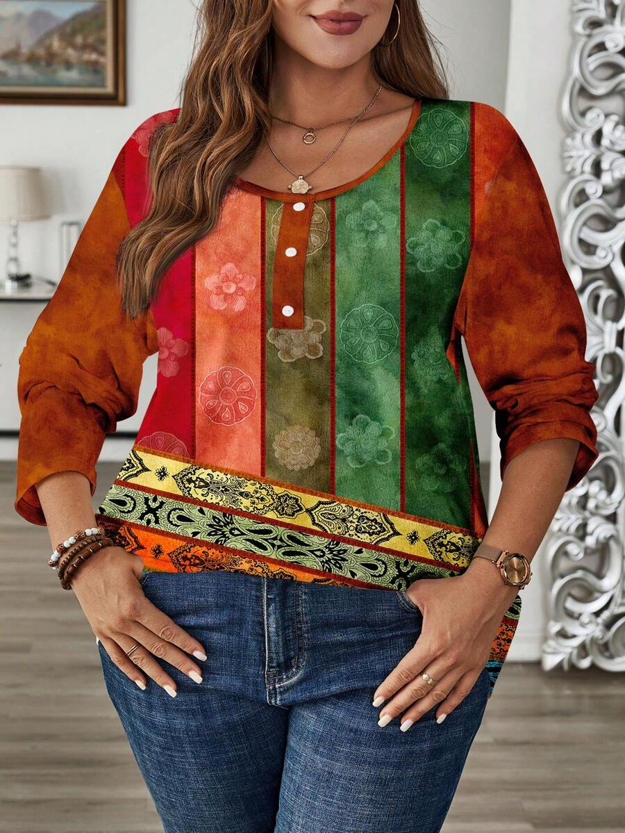 EMERY ROSE Plus Size Women Retro Retro Printed Long Sleeve Crew Neck Button-Up T-shirt, odpowiedni na jesień i zimę, koszulka graficzna