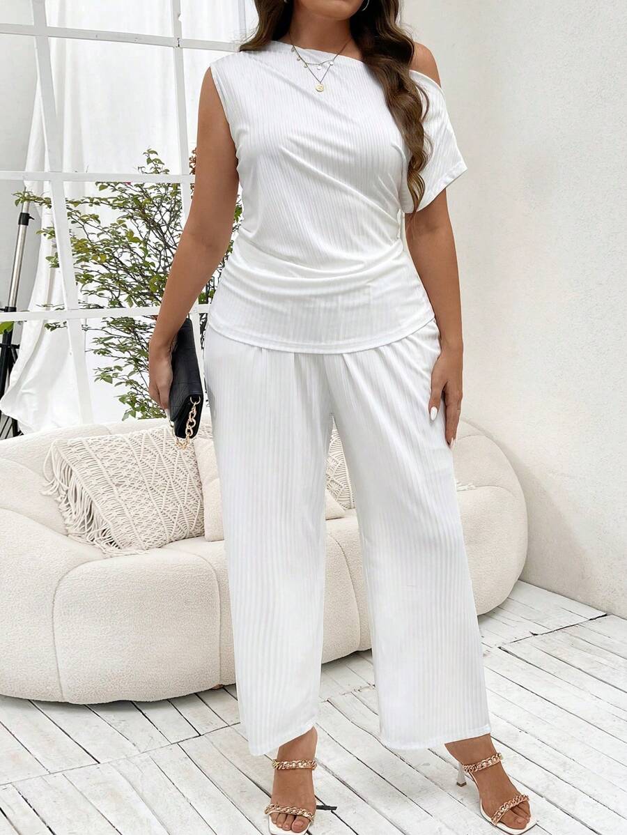 Celure Conjunto de top y pantalón con pliegues y cuello asimétrico de talla grande